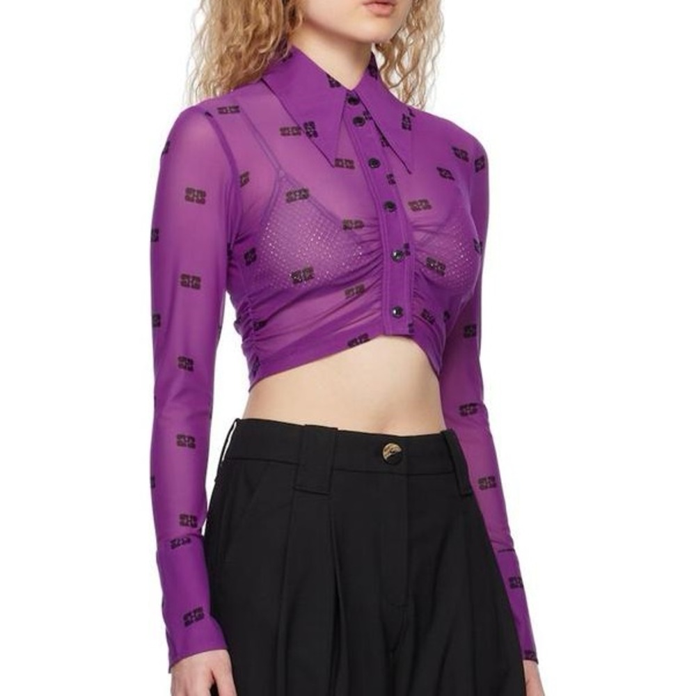 ganni printed mesh button up ruched crop